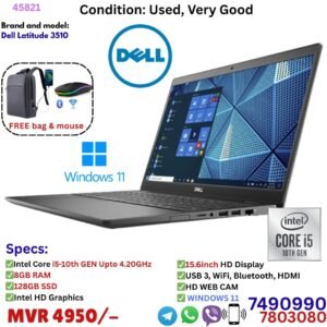 Dell Latitude 3510, 15.6,  Intel i5-10th GEN, 8GB DDR4 RAM 128GB SSD Win11